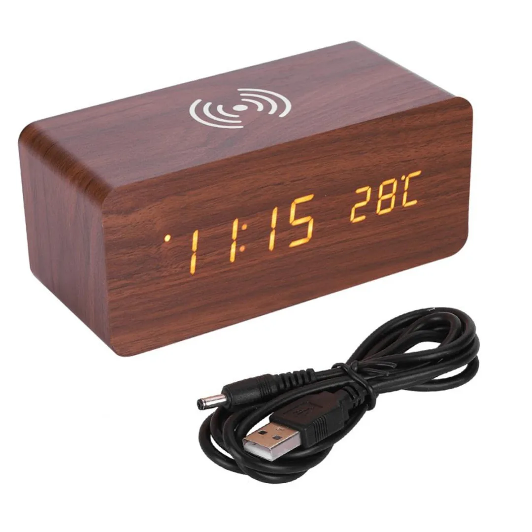 Creative Multicolor Sound Control Modern Wooden LED Digital Desk Alarm Clock + Fast Wireless Charger Table Decor