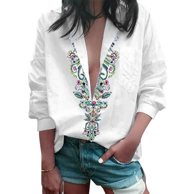 

Anself blouses woman 2019 Oversized Shirt Blouse Turn Down Collar Drop Shoulder Floral Front Vintage Loose Boyfriend Casual Tops