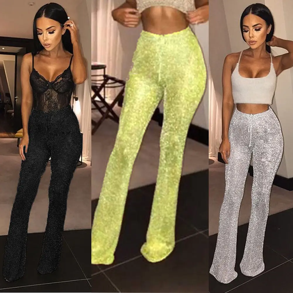 

Hot saleWomen Bell Bottom Sequined Long Pant Sparkly Glitter Sequin Pants High Waisted Sexy Clubwear Wide Leg Trousers For Women