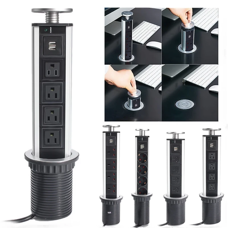 Online 2500W US UK UE AU enchufe Pull pop up enchufe eléctrico 4 Power 2 carga USB aluminio estante LED escritorio mesa de extensión hogar