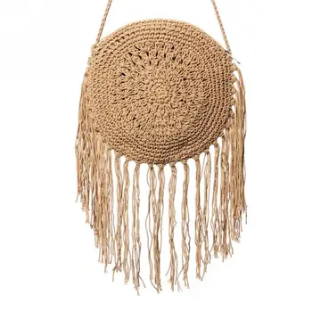 

NEW-Woman Round Handbags Handmade Straw Bag With Tassel Rattan Woven Vintage Rope Knitted Messenger Bag Lady Summer Beach Tote