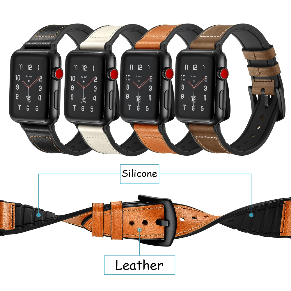 

Silicone+Leather Band For Apple Watch 44mm 42mm Series 4 3 2 1 Black Brown White Soft Sport Strap For iWatch 38mm 40mm