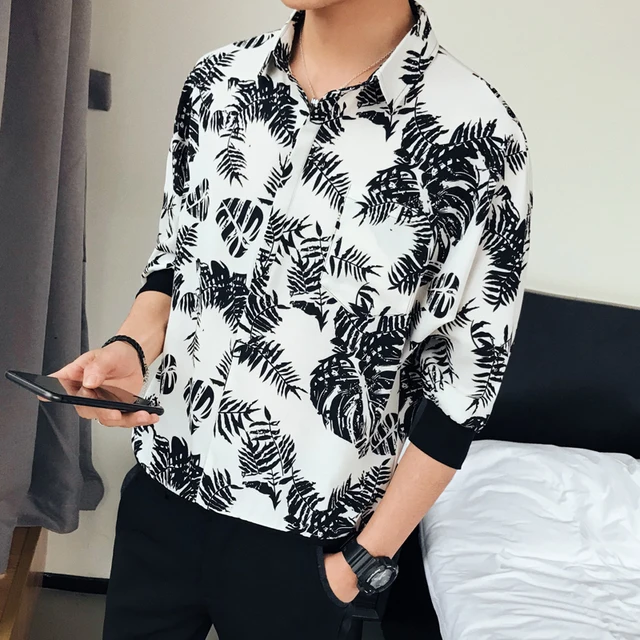 Download Simple Tuxedo Shirt Men Leaf Printing Streetwear New Slim ...