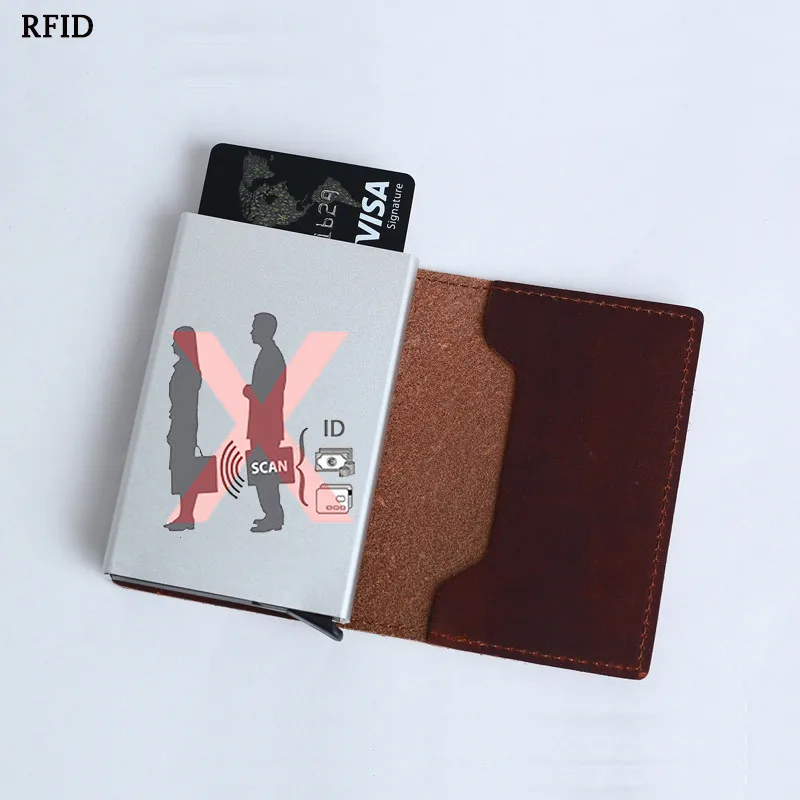 VM Мода KISS RFID Блокировка натуральная кожа Алюминиевый металлический бизнес ID Slim тонкий чехол для карт мини кошелек для мужчин