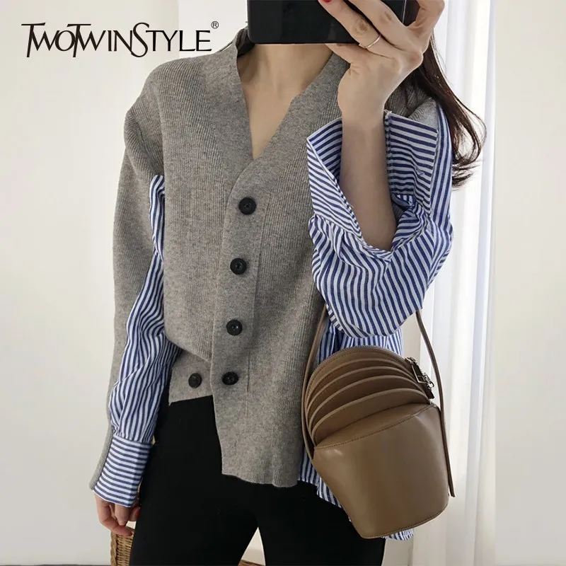 GALCAUR Patchwork Striped Sweater For Women Long Sleeve Asymmetrical Cardigans Female Jumper Fashion 2018 Autumn New |