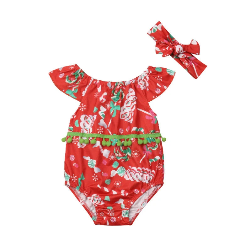 

Cute Baby Girl Christmas Candy Tassel Romper Xmas New Years Short Sleeve Floral Jumpsuit Infant Santa Rompers+Headband Clothes