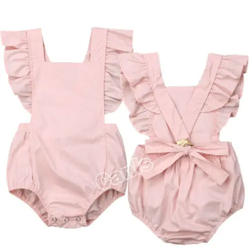 

2019 Infant Toddler Pink Romper Sleeveless Backless Baby Girl Kids Ruffle Tie Wraps Solid Romper Infant Summer Jumpsuit