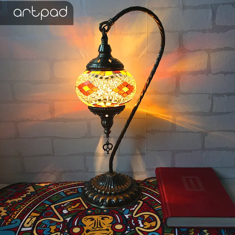 Artpad Big Size Swan Style Vintage Retro Turkish Mosaic Desk Lamp for Bedroom Living Room Stained Glass LED Turkish Lights