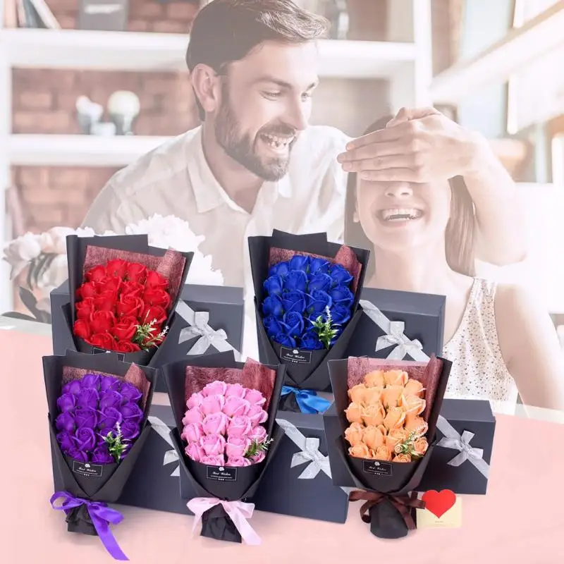 

Rose Soap Flower Creative Design Valentine's Day Gift 18pcs Preserved Rose Flower Soap Bouquet Gift Box Wedding Party Decor