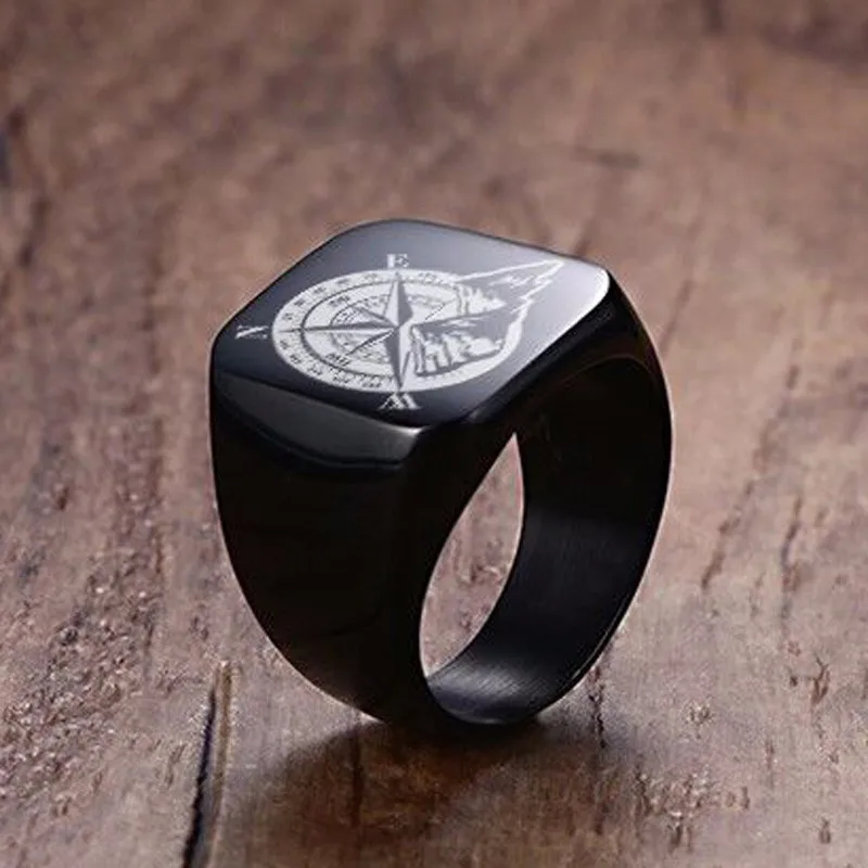 

Men Ring Black Off Road Compass Snow Mountain Men's Signet Stainless Steel Pinky Band