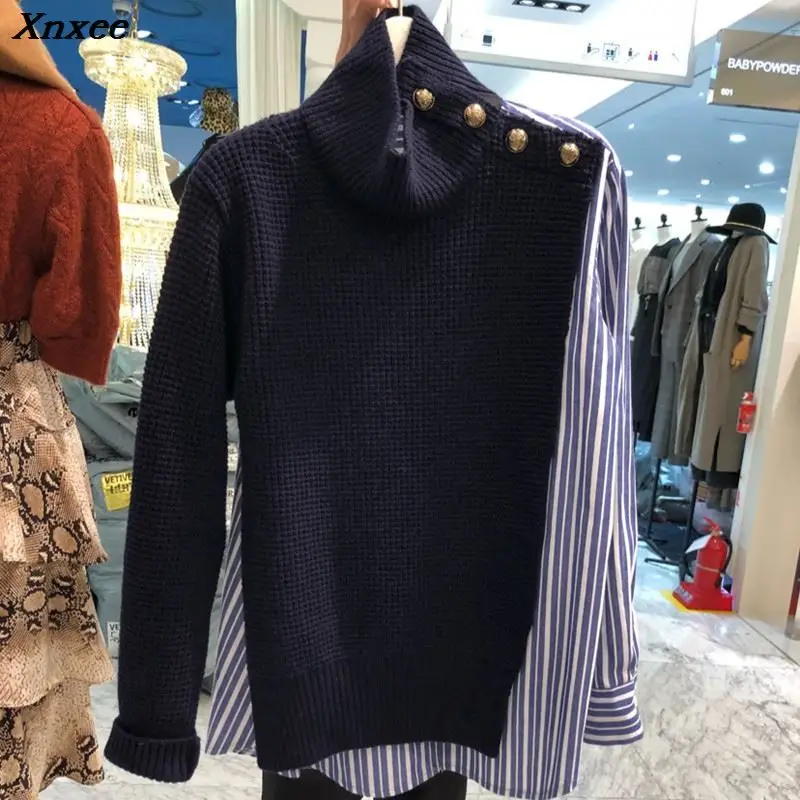 Korean Autumn Striped Button Patchwork Women Sweater 2019 New Fashion Casual Long Sleeve Knitted Pullover Winter All Match Tops