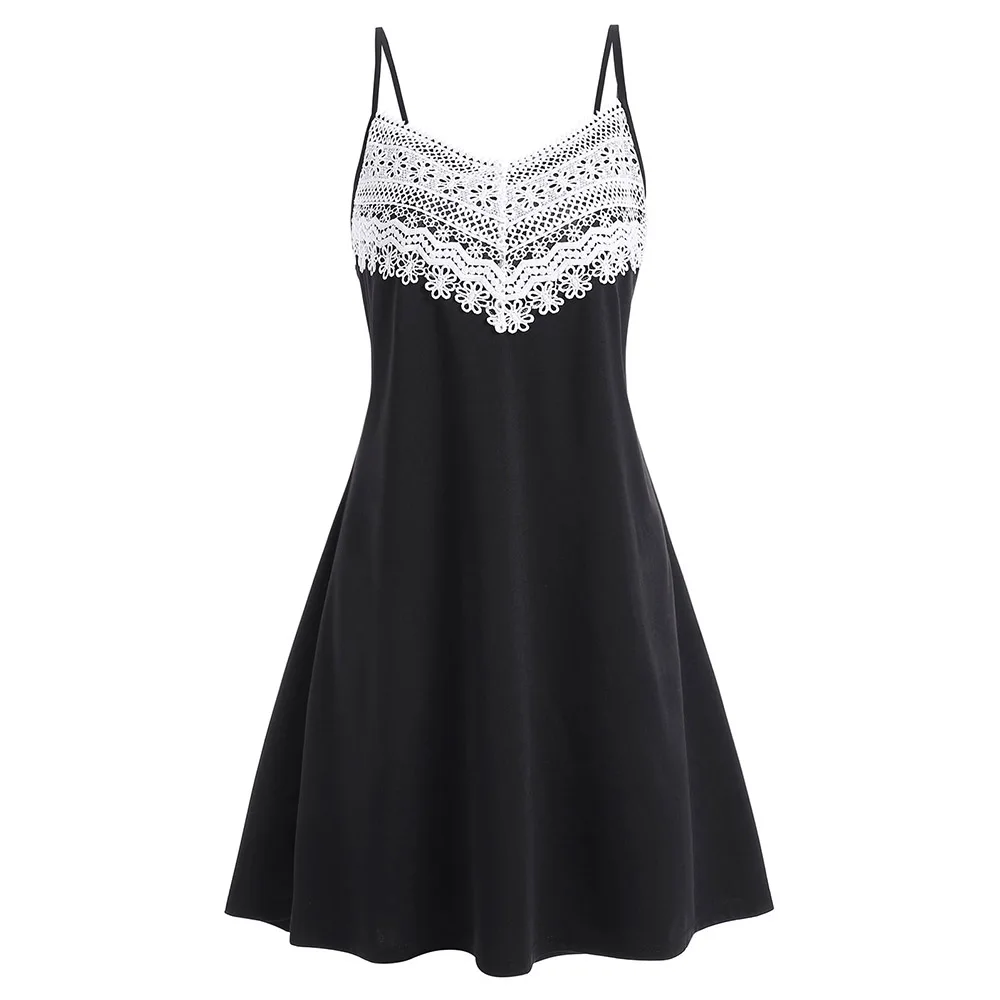 

2019 Summer Lace Cami Dress Plus Size Applique Panel Mini Sexy Dress Women Spaghetti Strap Sleeveless Casual A-Line Short Dress