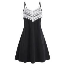 2019 Summer Lace Cami Dress Plus Size Applique Panel Mini Sexy Dress Women Spaghetti Strap Sleeveless Casual A-Line Short Dress burgundy plunge cami mini dress with lace details