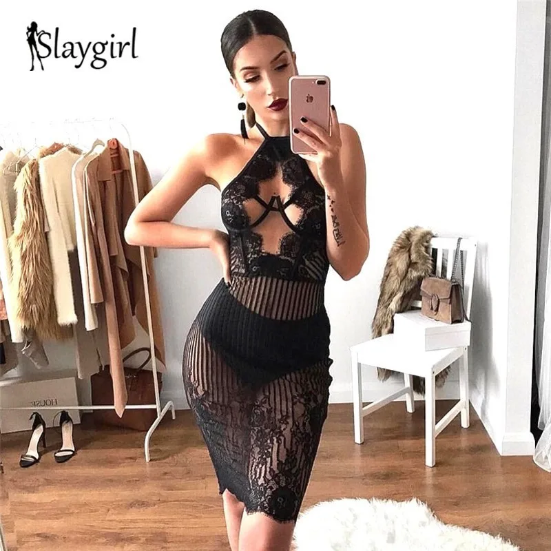 

Slaygirl Women Elegant Sexy Lace Mini Dress Autumn Party Night Club Halter Neck Sleeveless black Dresses Bodycon Short Vestidos