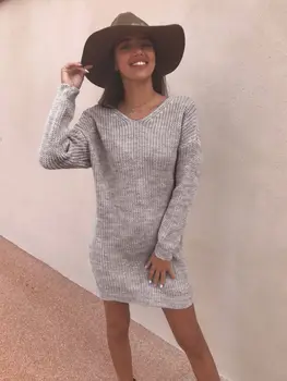 

Trendy Women clothes backless solid Sweater Kint Long Sleeve V-Neck Casual Pullover Polyester Tops one pieces