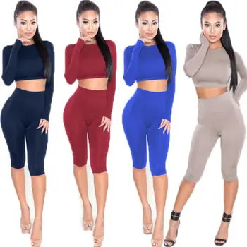 

Women Clothes Set 2pcs Crop Top Long Sleve Pants Two-piece Set Playsuit Skinny Jumpsuit Romper Set