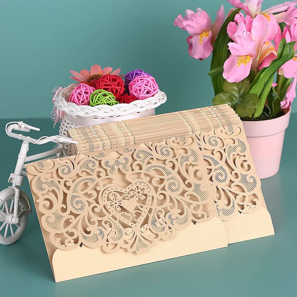 

1pc Wedding Invitation Card Cover Pearl Paper Laser Cut Hollow Heart Pattern Invitation Cards Wedding Anniversary Supplies