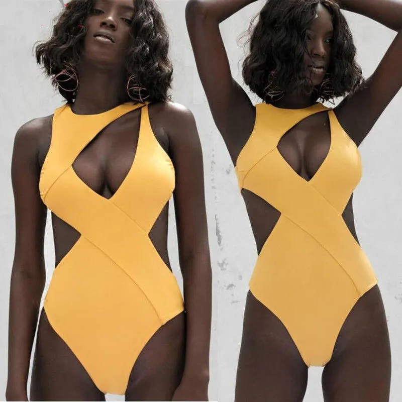 

New Women One-Piece Swimsuit Beachwear Swimwear Push-up Monokini Bikini Bathing Sexy Back Hollow Out Yellow