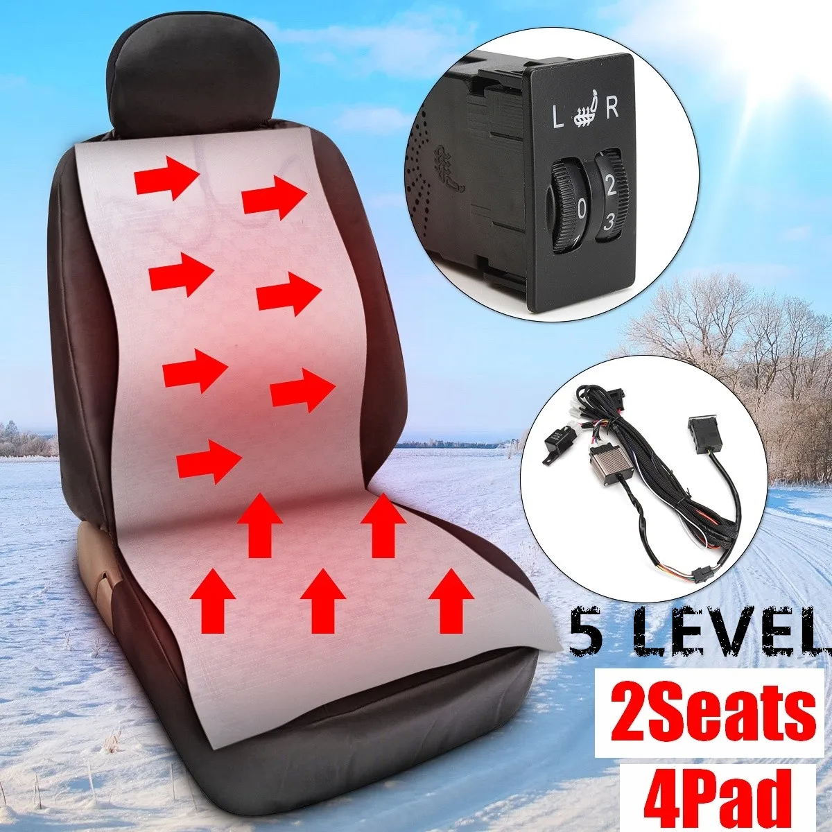 2 Seats 4 Pads Universal Carbo n Fiber Heated Seat Heater 12 V Pads 2
