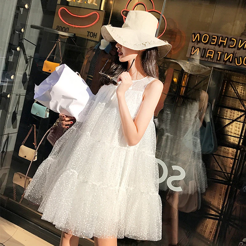 

[EWQ] 2019 Spring Summer Round Collar Sleeveless Solid Dot Splice Joint Lace Mesh Casual Loose Dress Women Fashion Tide AE415