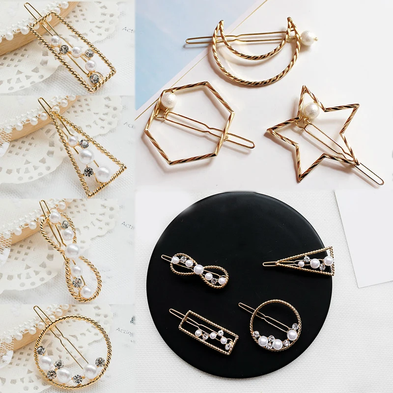 

LNRRABC 2019 new Pentagram Side clip Temperament Pearl hairpin Lady Head wear Creative 1 PC Word folder Geometric Headwear