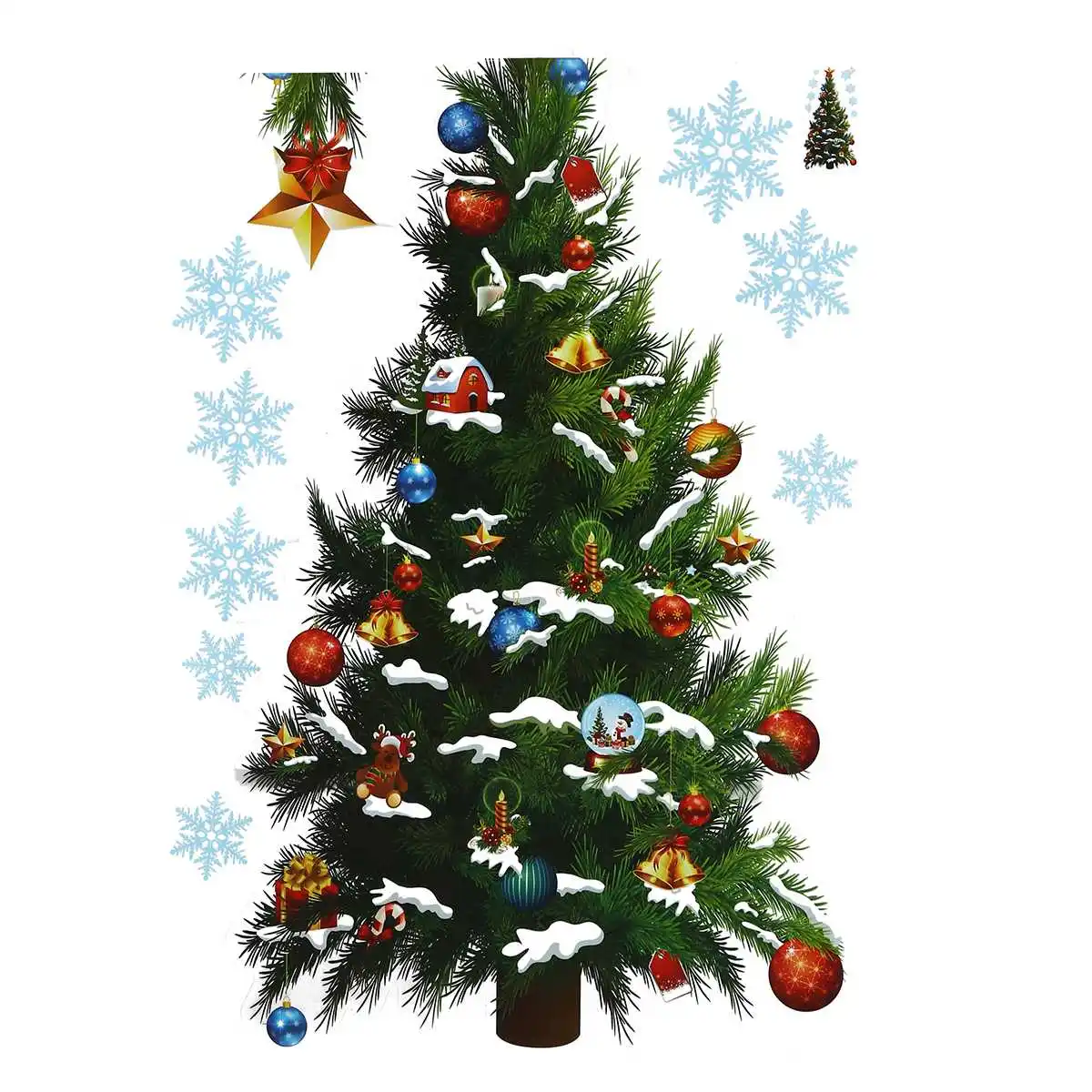 Большая зеленая Рождественская елка, стикер для украшения стен, звезды, водонепроницаемый съемный декор для окна комнаты, плакат 50x70 см