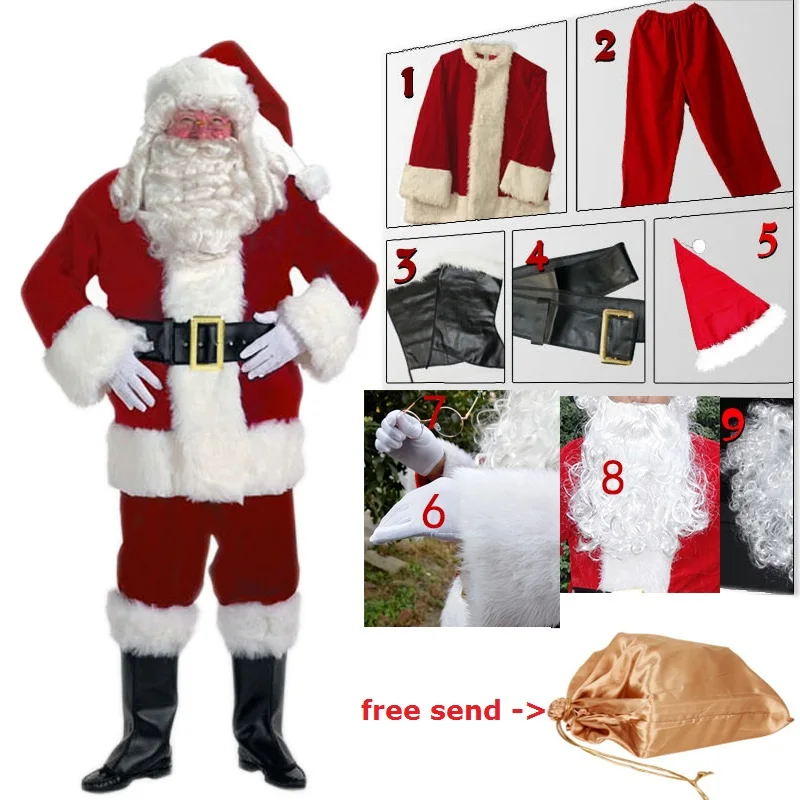 

Anime Cosplay for Santa Claus Set with Christmas Hat Glasses Bag Vestidos Costume for Adult Merry Christmas in Carnaval Holiday
