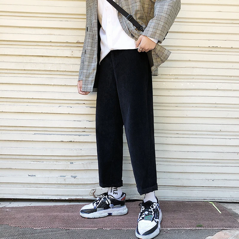 2018 Fashion Men's Casual Pants Autumn And Winter New Korean Version Of The Trousers Trend Loose Nine Pants Youth Corduroy Green