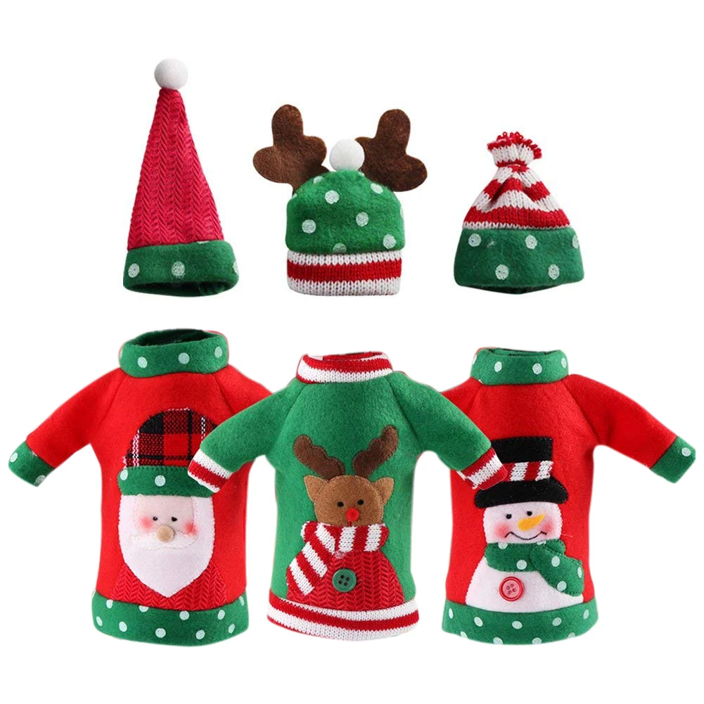 5 Sets Christmas Wine Bottle Cover Sweater Handmade Knit Wine Bottle Dress Snowman Reindeer Christmas Tree Wine Bottle Sleeve for Christmas Xmas Party Ornament Decoration