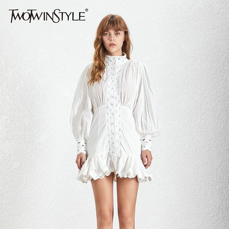 

TWOTWINSTYLE Casual Solid Hollow Out Women Dress Stand Lantern Sleeve High Waist Button Mini Dresses Female Summer 2019 Fashion