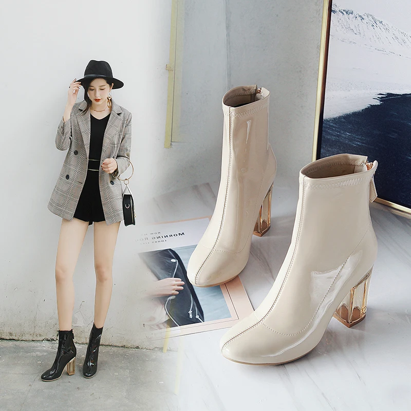 

RQFF Brand Boots Women 9cm High Heels Ankle Boot Girls Leather booties Ladies Shoe With Box Footwear Woman Plus size 34-43 Shoes