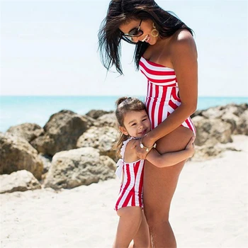 

Family Matching Swimear Striped Bikini Mother Daughter Swimwear Women One Piece Swimsuit Bow Girls Bathing Suit Ladies Bikini