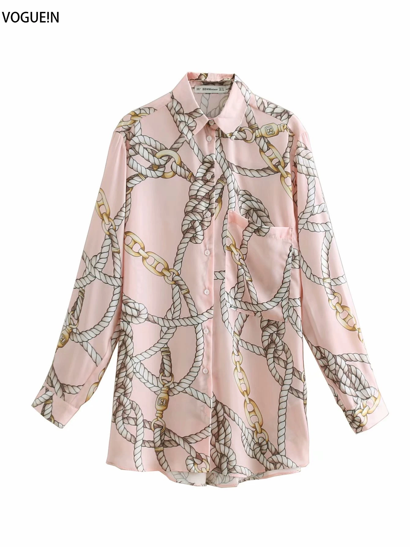 VOGUEIN New Womens Casual Chains Print Pocket Pink Long Sleeve Blouse