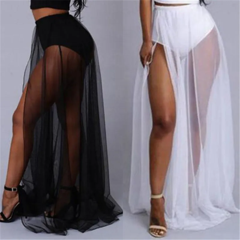 

Women High Waist Mesh Skirts Empire See Through Sheer Side Split Skirt Solid Transparent Chiffon Maxi Long Skirt Summer 2018