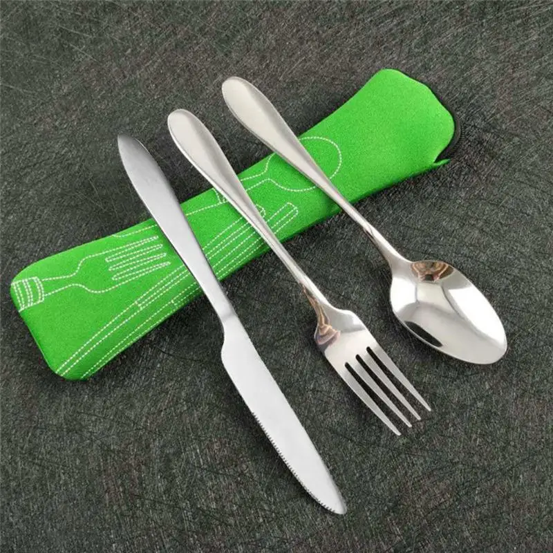 

3Pcs Stainless Steel Fork Cutlery Set Portability of Outdoor Travel Tableware Set with Cloth Bag Lunch Tools Set Dropshipping
