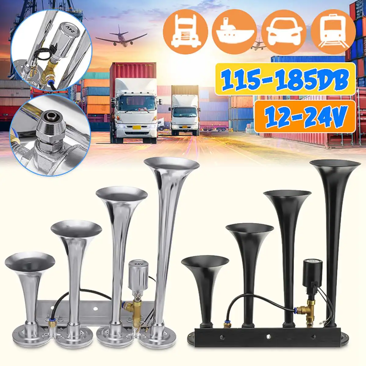 

185DB 4/FOUR Metal Trumpet Air Horn Chrome Train Car Vehicle Truck Boat 12/24V Super Loud