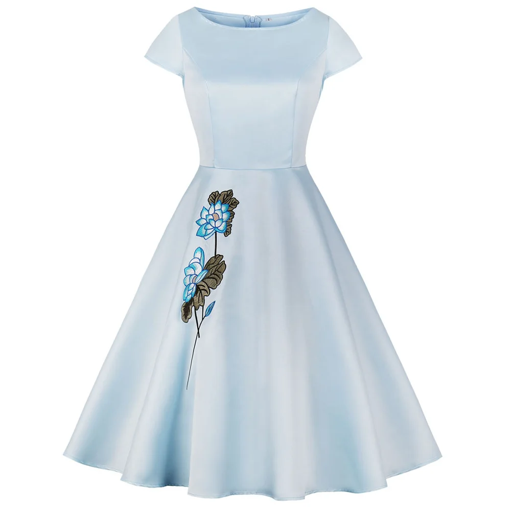 

Joineles Audrey Hepburn Summer Dress Embroidery Flower Women Vintage Dress 60s Rockabilly Swing Retro Dress Party Vestidos Blue