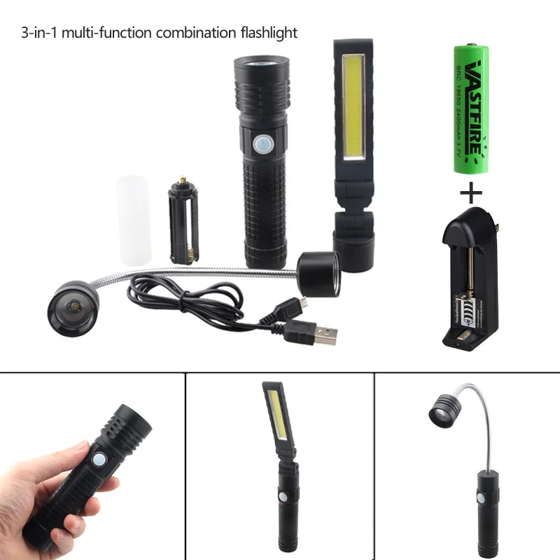 

VASTFIRE 3 in 1 T6 COB 3 mode Rechargeable Flashlight Torch lamp Car Repair LED Work Light Hand Linternas by 1*18650*3*AAA Lamp