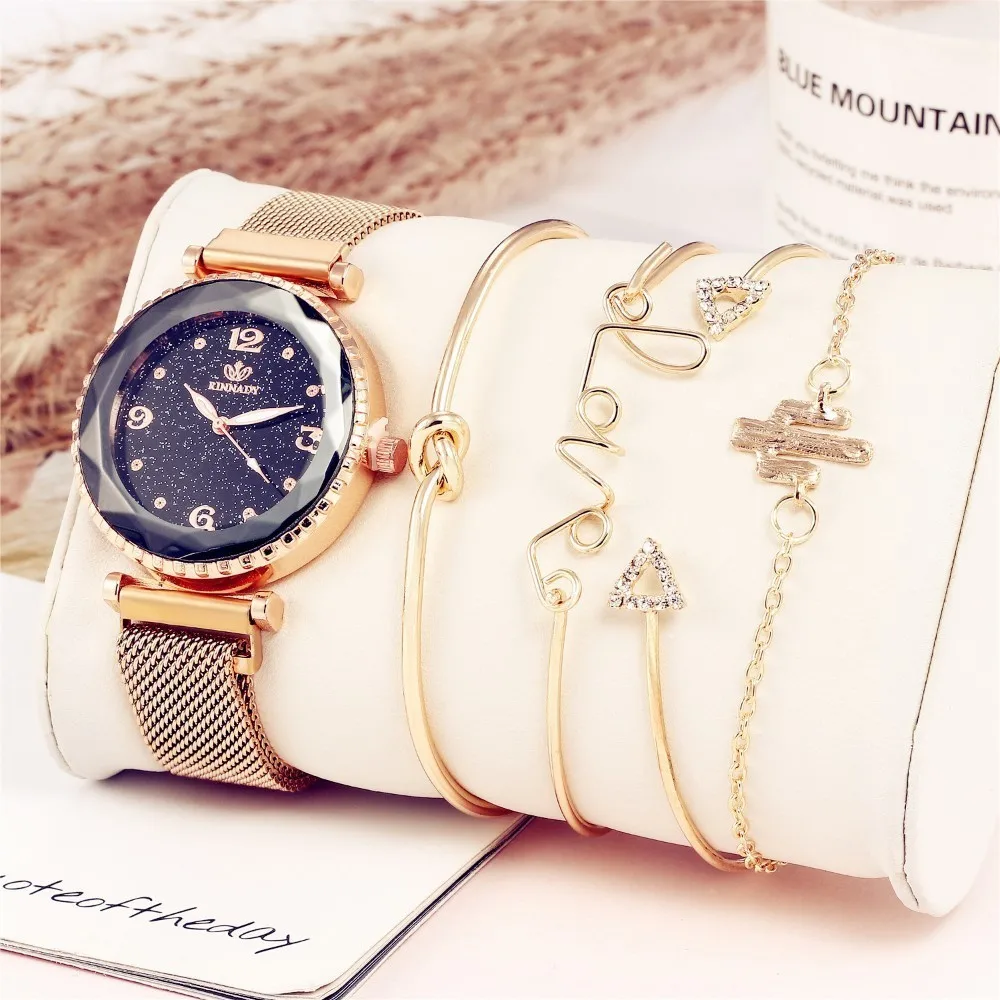 5 pièce/ensemble marque de luxe femmes montres ciel étoilé aimant montre boucle décontracté femme montre-Bracelet chiffre romain Simple Bracelet