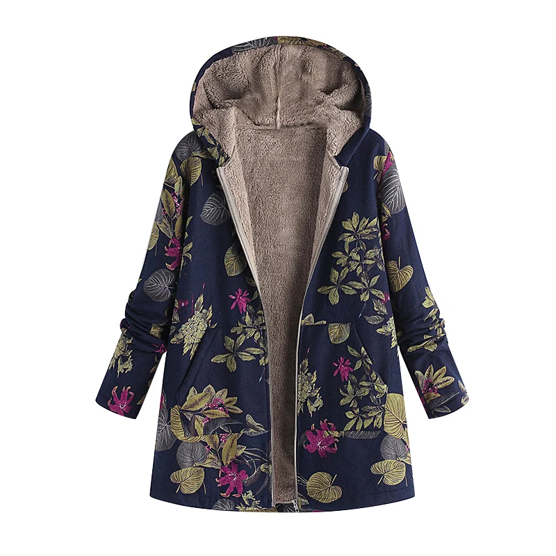 

2018 Autumn Winter Women Faux Fur Hooded Parka Coat Floral Print Side Pockets Warm Vintage Women Casual Long Coat Outwear Parka