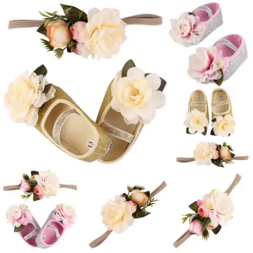 

3D Floral Print Newborn Baby Girl Sequins Casual Shoes Princess Shoes Headband Soft Prewalker Moccasin Infant Flower Shoes