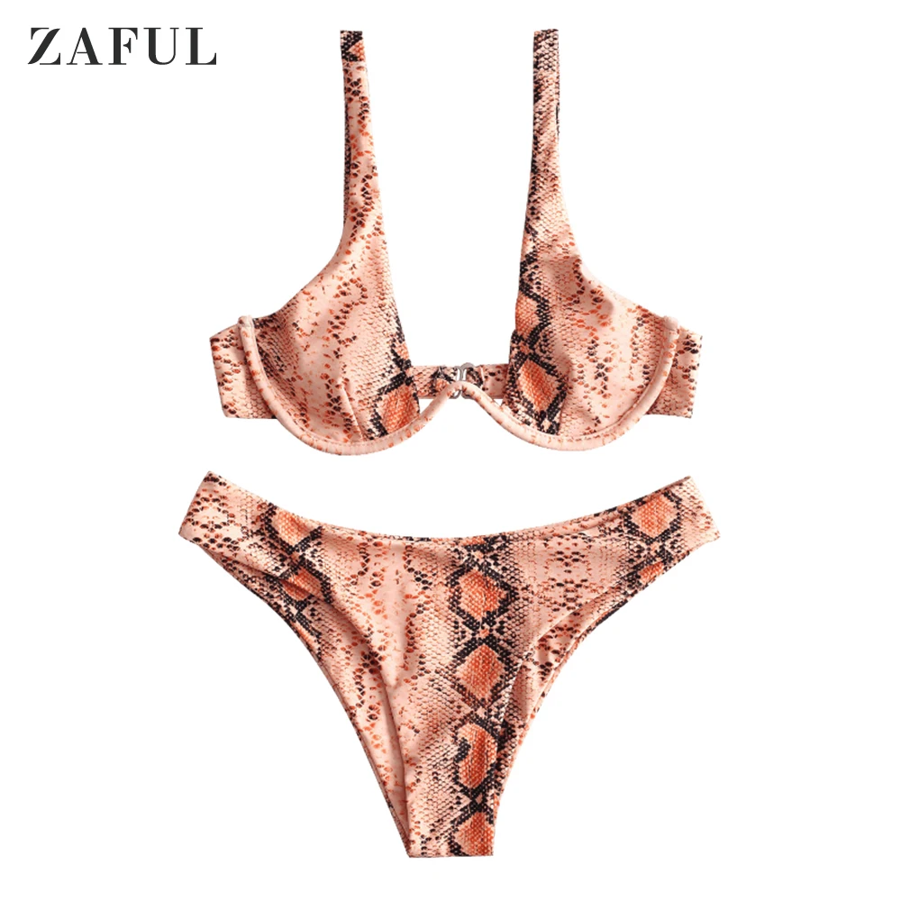 

ZAFUL 2019 Hot Sale Snake Print Underwired Bikini Set Spaghetti Straps Snakeskin Cami Bikini Sexy Thong Brazilian Swimwear Women