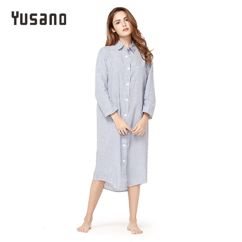 Yusano женская ночная рубашка, хлопковое сексуальное домашнее платье, ночная рубашка с длинным рукавом, ночная рубашка с v-образным вырезом, Полосатое платье для сна с принтом, ночная рубашка