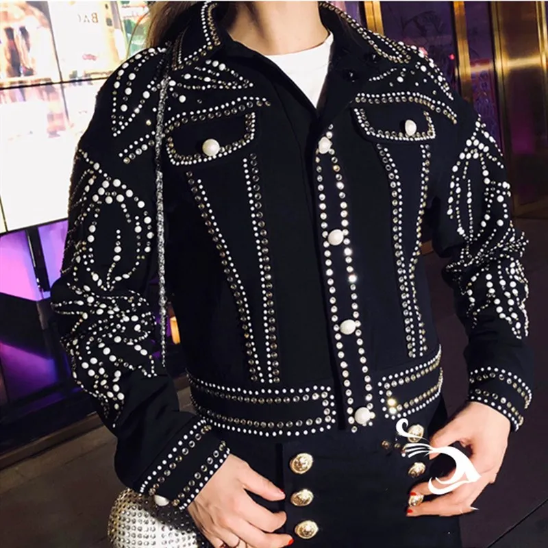 Female 2019 Spring Streetwear Black Denim Jacket Harajuku Heavy Hand Beaded Pearls Diamonds Coat