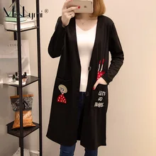 XL-5XL большого размера плюс кардиган Женская одежда зима-осень стильная футболка с изображением персонажей видеоигр вышивка с длинным рукавом Свободные Повседневное длинное пальто черного цвета