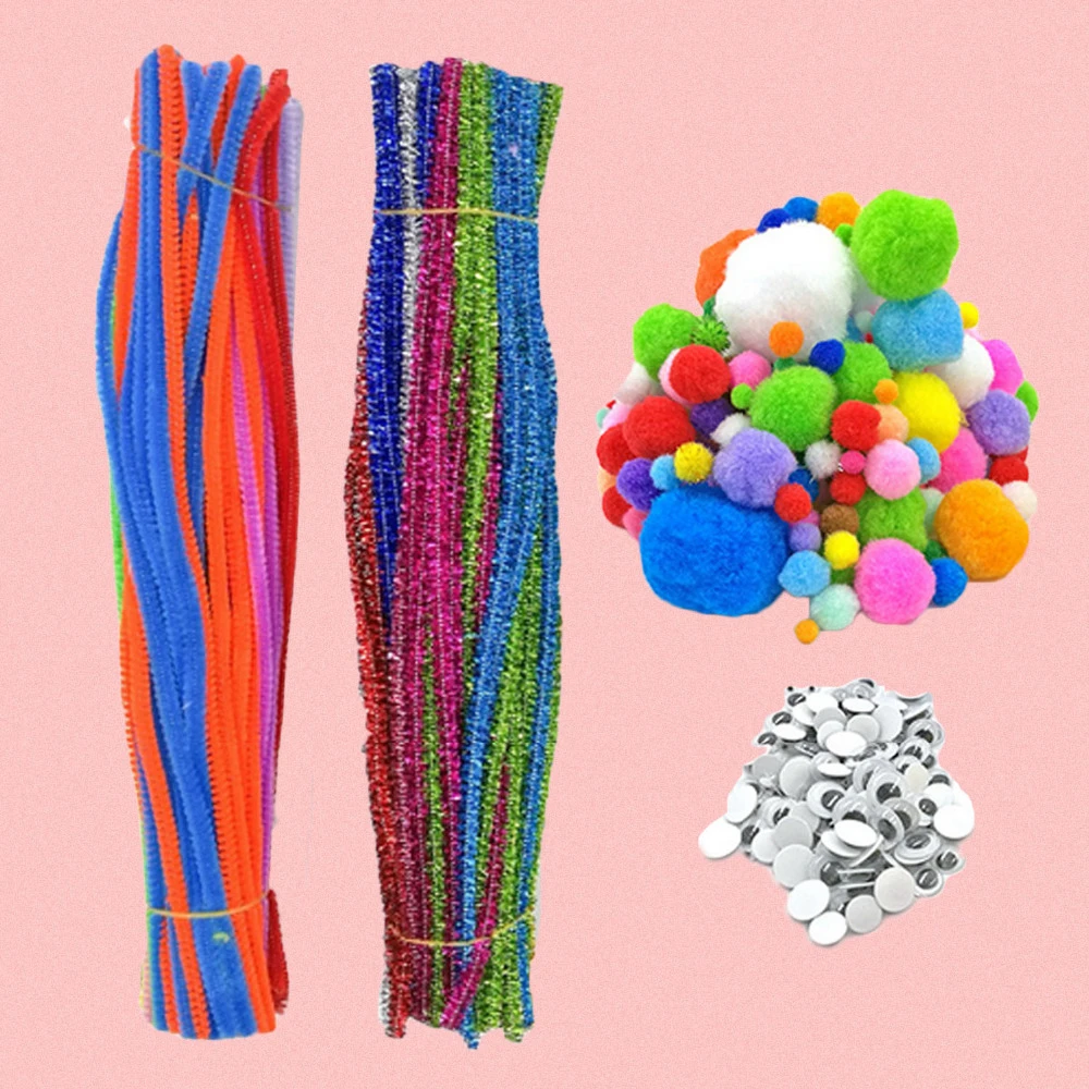 ZHAOER 200 Pieces Chenille Stems 100 Pieces Glitter Pompoms and 150 Pieces Wiggle Googly Eyes for DIY Arts Crafts 250 Pieces 6 Sizes Assorted Pom Poms