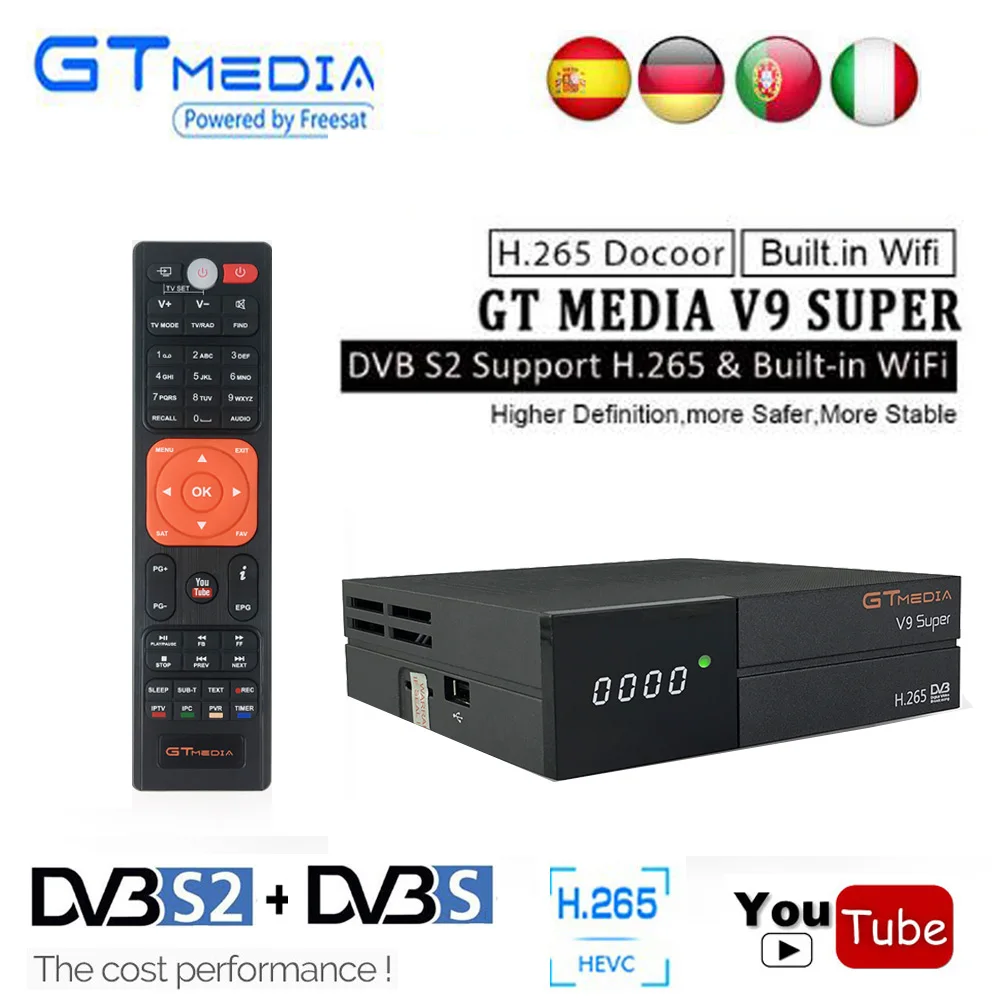 H.265 GTMEDIA V9 Супер Спутниковый ресивер DVB-S2 рецепторов цифровой ТВ Box 1080 P PowerVu Biss ключ DLNA 1 год Клайн bult-в WiFi