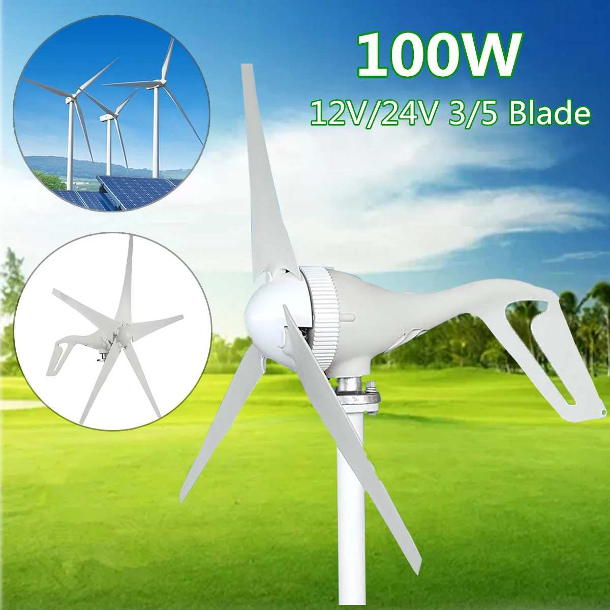 

100W 12/24V 3/5 Blades Small Wind Turbine Generator Lantern Motor Kit Vertical Axis