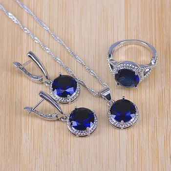 

Bridal Silver Color Jewelry Sets Blue Zirconia Stone Earrings For Women Wedding Jewelry With Ring Pendant Necklace