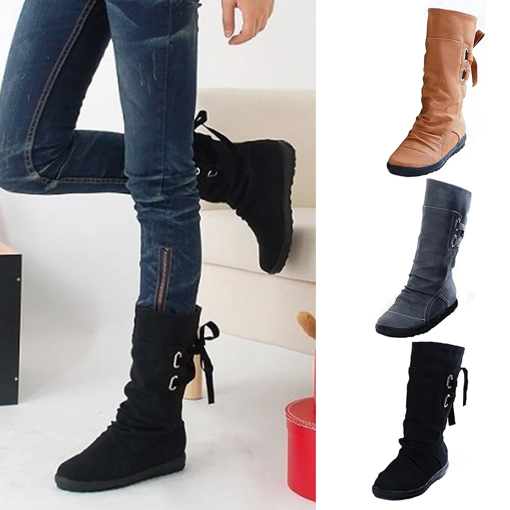 2018 New Women Fashion Boots Autumn Shoes with Lace up Mid Calf Solid ...